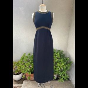 Vintage Leslie Fay Knits maxi dress black polyester with gold braid trim Size XS